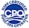 A blue and white logo for the nspf certified pool spa operator.