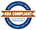 A blue and orange seal with the words ada compliant.