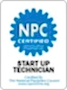 A blue and white logo for the national professional certified start up technician.